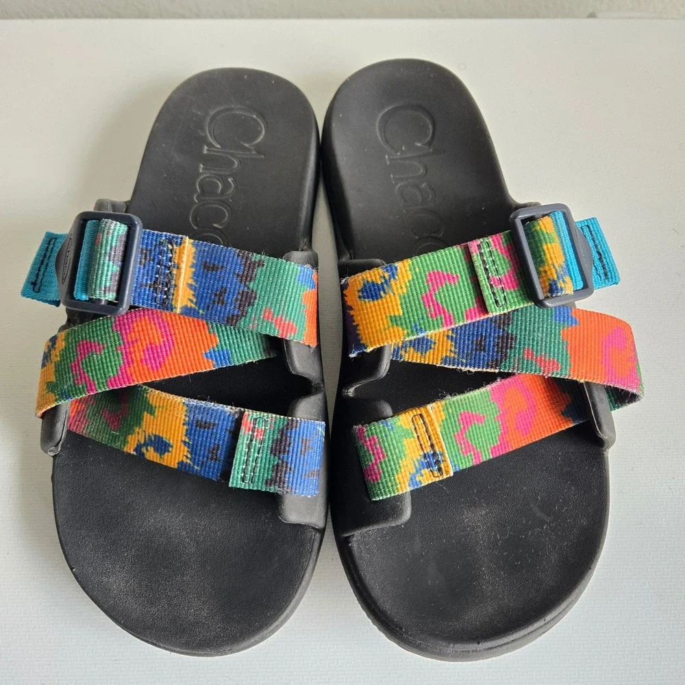 Chaco Chillos Slide Sandals Womens 7 Black Multi Color Adjustable Straps Strappy